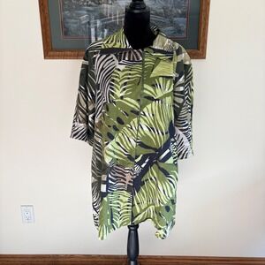 Talie Tropical Palm Zebra Print Linen Blend Zip Front Jacket Womens Large Green